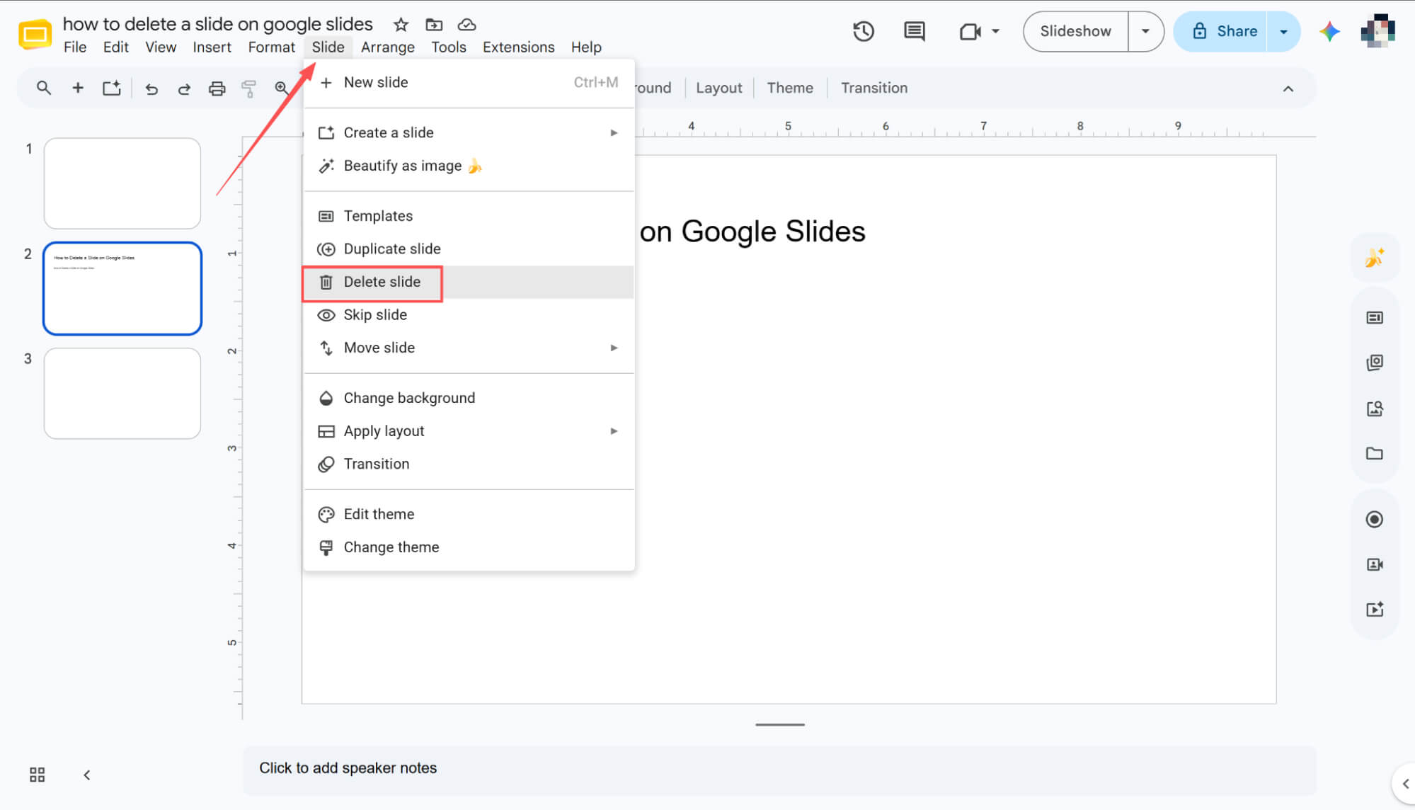 Supprimer une diapositive sur Google Slides
